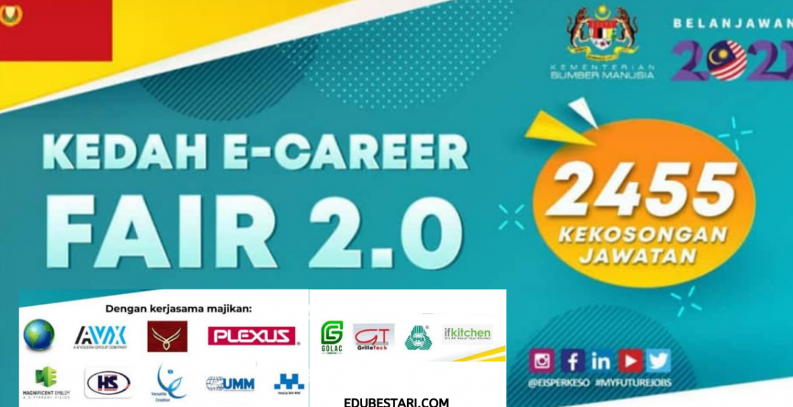 Berita baik buat pencari kerja dan graduan di Kedah! Sebanyak 2,455 peluang pekerjaan menanti anda di Kedah E-Career Fair 2.0 tahun 2021 anjuran PERKESO KEDAH  di bawah Kementerian Sumber Manusia. Kedah E-Career Fair 2.0 akan melibatkan pelbagai syarikat terkemuka dengan tawaran pelbagai jenis jawatan sesuai dengan kelayakan graduan. Karnival pekerjaan akan berlangsung pada 29 Mac 2021 secara atas talian melalui mediaum yang ditetapkan. Pra-Pendaftaran bagi menyertai temuduga kini dibuka kepada semua peserta yang berminat. Ikuti perkongsian di bawah untuk maklumat lanjut pendaftaran temuduga Kedah E-Career Fair 2.0 supaya tidak lepaskan peluang kerjaya ini.. MAKLUMAT KARNIVAL Nama program: Kedah E-Career Fair 2.0  Tarikh: 29 Mac 2021 (Isnin) Masa: 9 pagi - 3 petang Medium: Aplikasi Cisco Webex SENARAI MAJIKAN Kedah E-Career Fair 2.0 dilaksanakan dengan kerjasama majikan berikut: SENARAI JAWATAN Berikut adalah senarai jawatan kosong yang ditawarkan sepanjang karnival kerjaya: PRA PENDAFTARAN Pencari kerja yang berminat untuk mendapatkan peluang temuduga dan kerjaya di Kedah E-Career Fair 2.0 , anda boleh pra-pendaftaran sekarang di pautan berikut: Pra-Pendaftaran Kedah E-Career Fair 2.0 Sila lengkapkan maklumat yang diperlukan dengan betul bagi tujuan sesi pra-pendaftaran. Untuk maklumat lanjut, anda boleh hubungi: Encik Khairul: 019 256 2101 Puan Malar: 014 902 2087