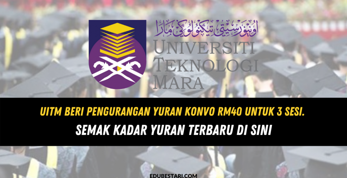 Universiti TeknoUiTM Beri Pengurangan Yuran Konvo RM40 Untuk 3 Sesi. Semak Kadar Yuran Terbarulogi MARA (UiTM) bersetuju untuk mengurangkan yuran konvokesyen bagi 3 sesi yang dikenakan kepada para graduan semua peringkat pengajian ijazah dan diploma di UiTM seluruh negara. Mengambil maklum dan amat prihatin terdapat situasi semasa, Pengurusan Tertinggi UiTM telah membuat keputusan untuk memberi pengurangan yuran konvokesyen untuk 3 sesi bagi semua peringkat pengajian. Ini bertujuan untuk mengurangkan beban kewangan yang perlu dibayar oleh para graduan. Ikuti perkongsian di bawah untuk maklumat lanjut pengurangan yuran konvokesyen UiTM dan adar yuran yang terkini. 3 SESI TERLIBAT Pengurangan yuran konvokesyen adalah melibatkan 3 sesi berikut: Sesi ke-93 Sesi ke-94 Sesi ke-95 PERINGKAT PENGAJIAN TERLIBAT Pengurangan yuran secara automatik diberikan kepada semua peringkat pengajian melipitu: Ijazah doktor falsafah Ijazah sarjana Diploma lepasan ijazah Ijazah sarjana muda Program profesional Diploma KADAR YURAN KONVOKESYEN UiTM Kadar yuran konvokesyen yang dikenakan kepada pra graduan pada setiap sesi konvokesyen adalah: Antara RM150.00 hingga RM230.00 mengikut peringkat pengajian. Melalui pengurangan yang diberikan sebanyak RM40, para graduan hanya perlu membayar kada bayaran TERKINI: Antara RM110.00 hingga RM190.00 sahaja Jumlah pengurangan bagi semua graduan sesi Konvokesyen ke-93, 94 dan 95 adalah sebanyak RM3 juta. Perancangan asal UiTM adalah untuk melaksanakan istiadat konvokesyen secara fizikal. Namun penularan Covid-19 yang masih lahi serius membantut usaha tersebut kerana keselamatan dan kesihatan umum perlu diutamakan. Pengurusan tertinggi UiTM juga telah memutuskan bahawa sama ada istiadak konvokesyen secara fizikal boleh dilaksanakan atau tidak pada tahun ini adalah tertakluk kepada keadaan semasa. Justeriu, keputusan muktamad mengenai kaedah konvokesyen yang dijalankan hanya akan diumumkan pad amasa yang lebih sesuai dan suasana mengizinkan. BAYARAN YURAN KONVOKESYEN Sehubungan itu, graduan yang telah membuat bayaran yuran konvokesyen akan dimaklumkan untuk mengisi e-Borang Pemulangan Yuran Konvo ke-93 bagi pemulangan RM40.00.  Manakala graduan yang belum membayar yuran konvokesyen, bil yuran akan dibatalkan dan akan dijanakan bil yuran yang baharu. Sila layari laman sesawang berikut untuk maklumat lanjut: https://konvokesyen.uitm.edu.my Untuk maklumat, UiTM juga telah mengurangkan yuran konvokesyen dengan jumlah yang sama membabitkan konvokesyen pada sesi ke-92 serta mengendalikannya secara janji temu berikutan isu yang sama pada tahun lalu.