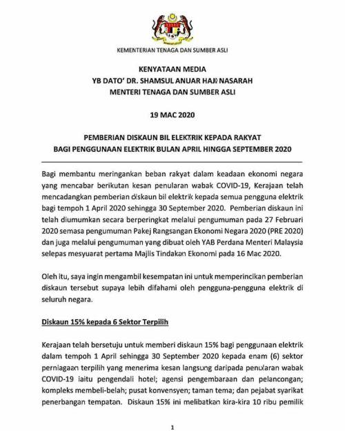 Diskaun Bil Elektrik Kepada Rakyat Bagi Penggunaan Elektrik Bulan April Hingga Septermber