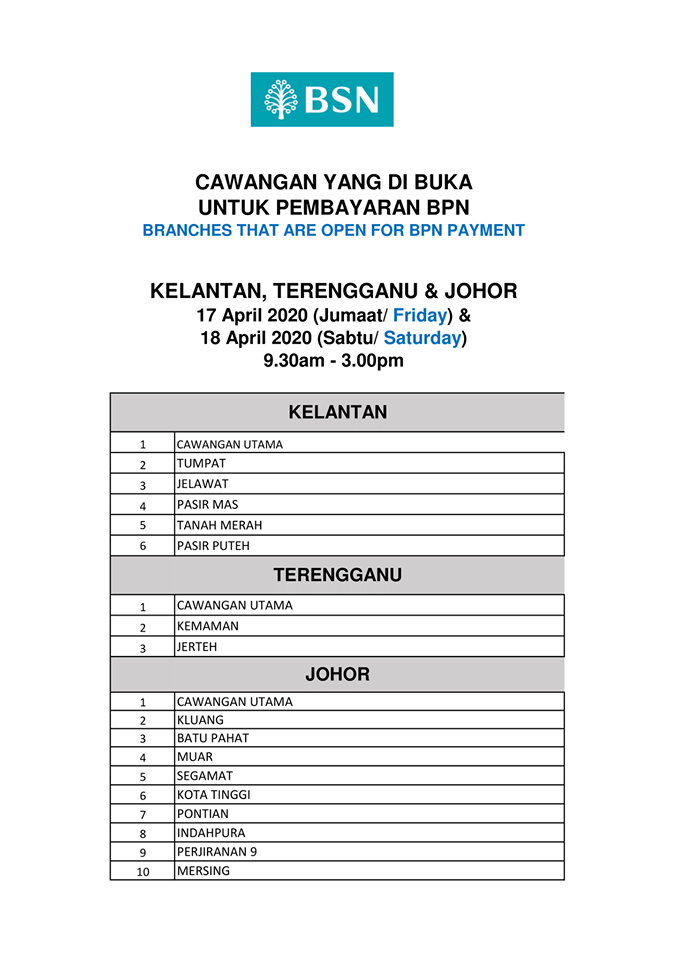 Senarai Waktu Operasi Pembayaran BPN di BSN Terpilih Hujung Minggu 