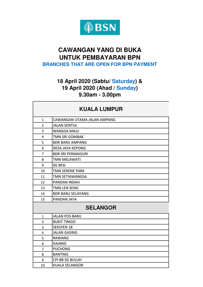 Senarai Waktu Operasi Pembayaran Bpn Di Bsn Terpilih Hujung Minggu Dilanjutkan Joquz