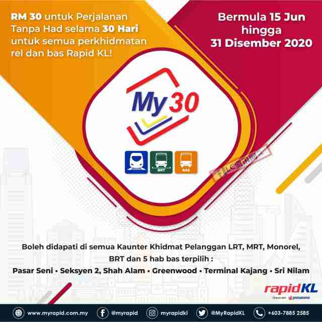 Pakej Pas Bulanan My30 RapidKL Boleh Dibeli Mulai 15 Jun