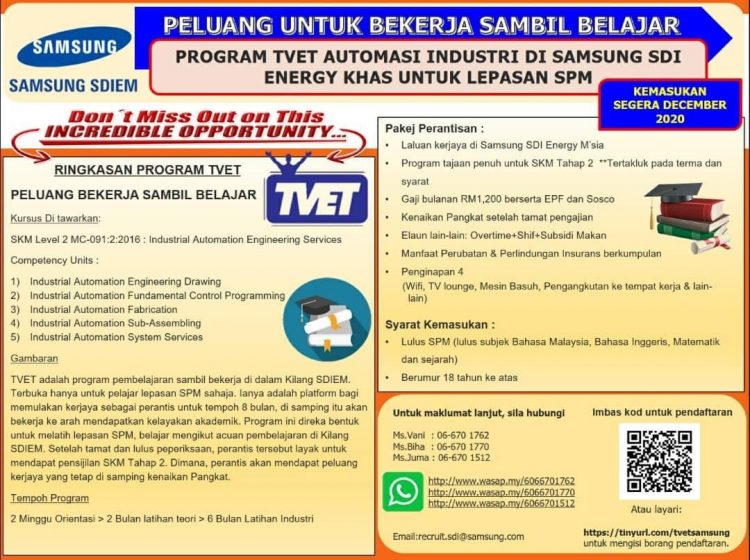 Peluang Bekerja Sambil Belajar Di Samsung SDIEM Untuk Lepasan SPM, Elaun Bulanan RM1,200