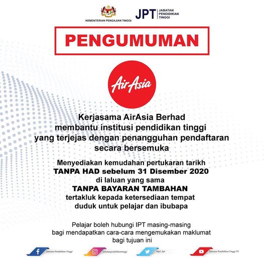 Kemudahan Pertukaran Tarikh Penerbangan Tanpa Had Disediakan Buat Pelajar