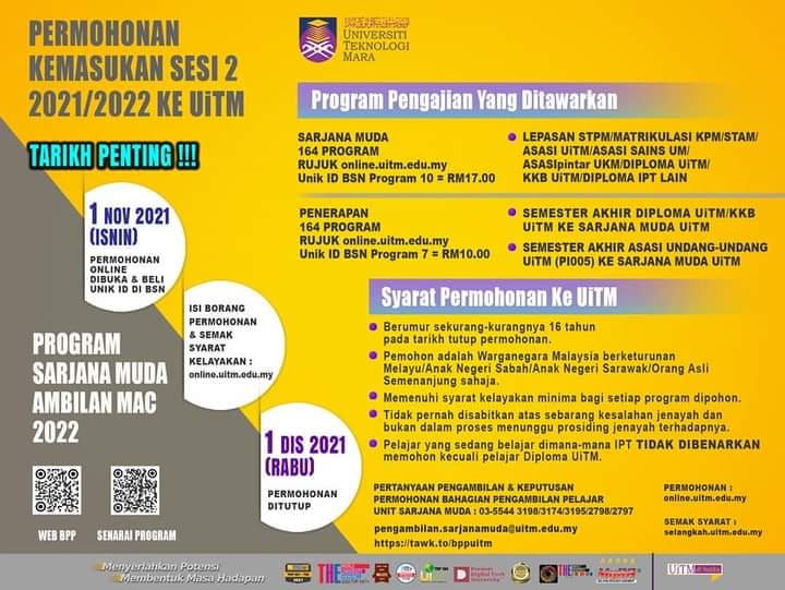 Permohonan Kemasukan Ke Program Sarjana Muda Uitm Ambilan Mac 2022 Dibuka Edu Bestari