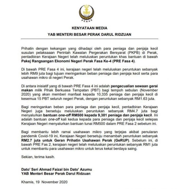 Bantuan RM500 Secara One-off Kepada Peniaga Dan Penjaja Kecil Di Perak