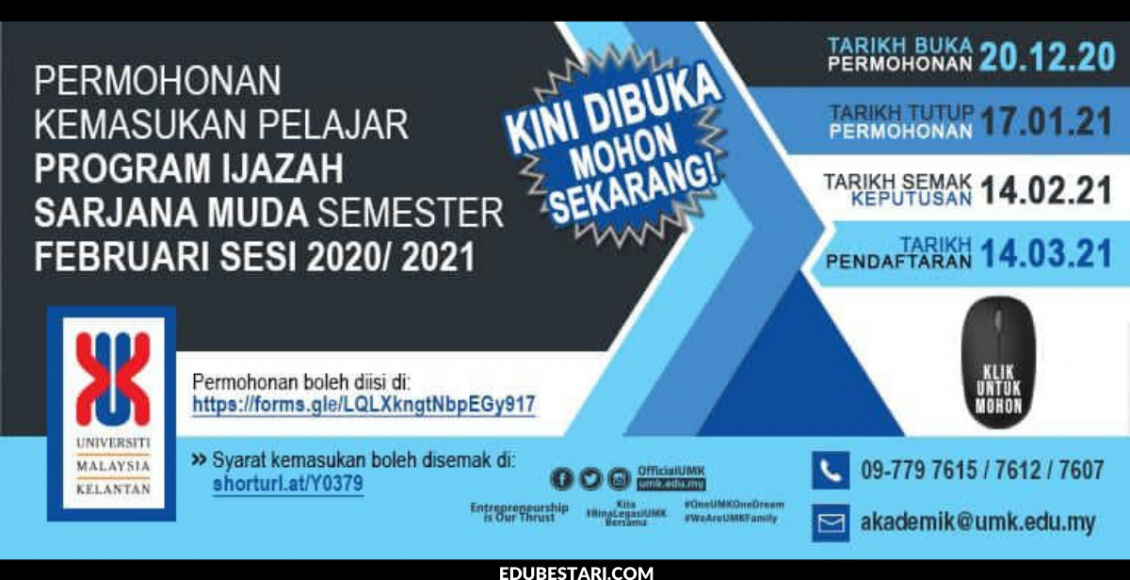 Permohonan Kemasukan Pelajar Program Ijazah Sarjana Muda UMK Sesi Februari 2021 Dibuka