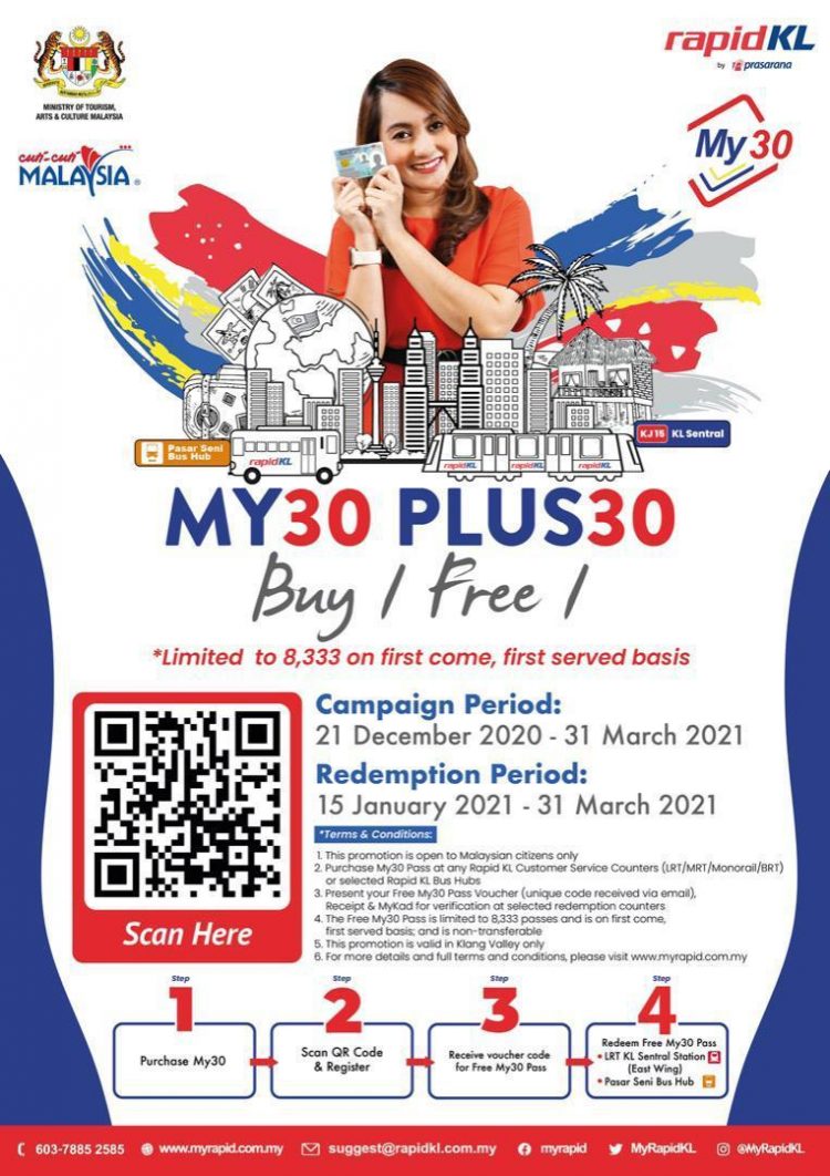 RapidKL: Beli Pas My30 & Terima Pas My30 Percuma. Penggunaan Tanpa Had Tren & Bas