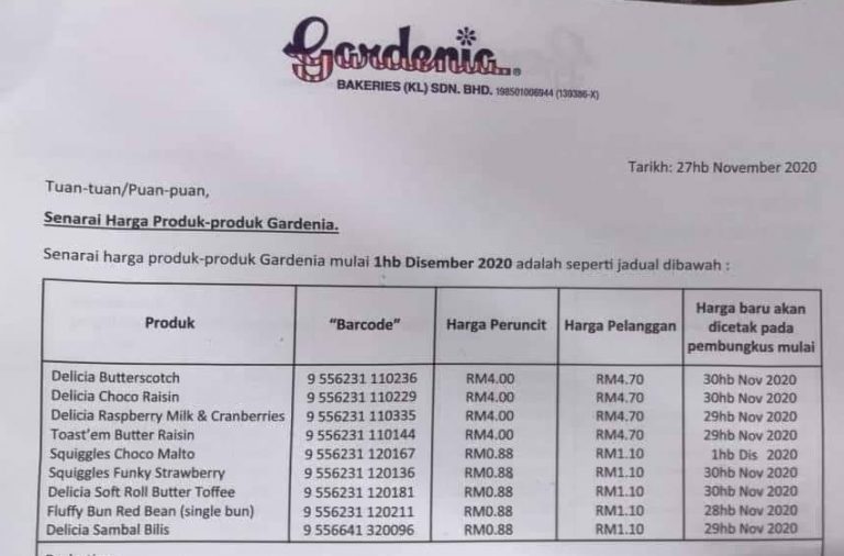 Senarai Harga Baru Roti Gardenia Mulai 1 Disember 2020 ...