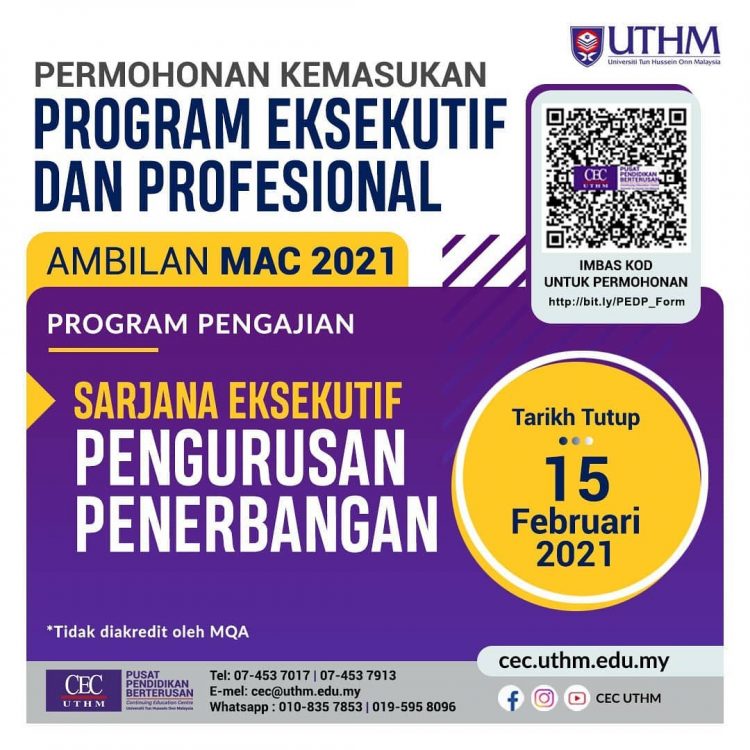 Tawaran Pengajian Sarjana Eksekutif Pengurusan Penerbangan UTHM Ambilan Mac 2021 Dibuka
