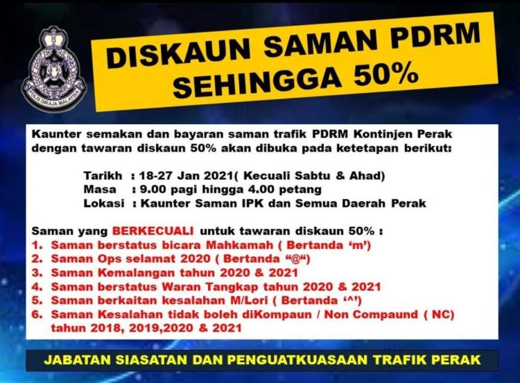 Negeri Perak Tawarkan Diskaun Saman Sehingga 50% Hingga 27 Januari Ini