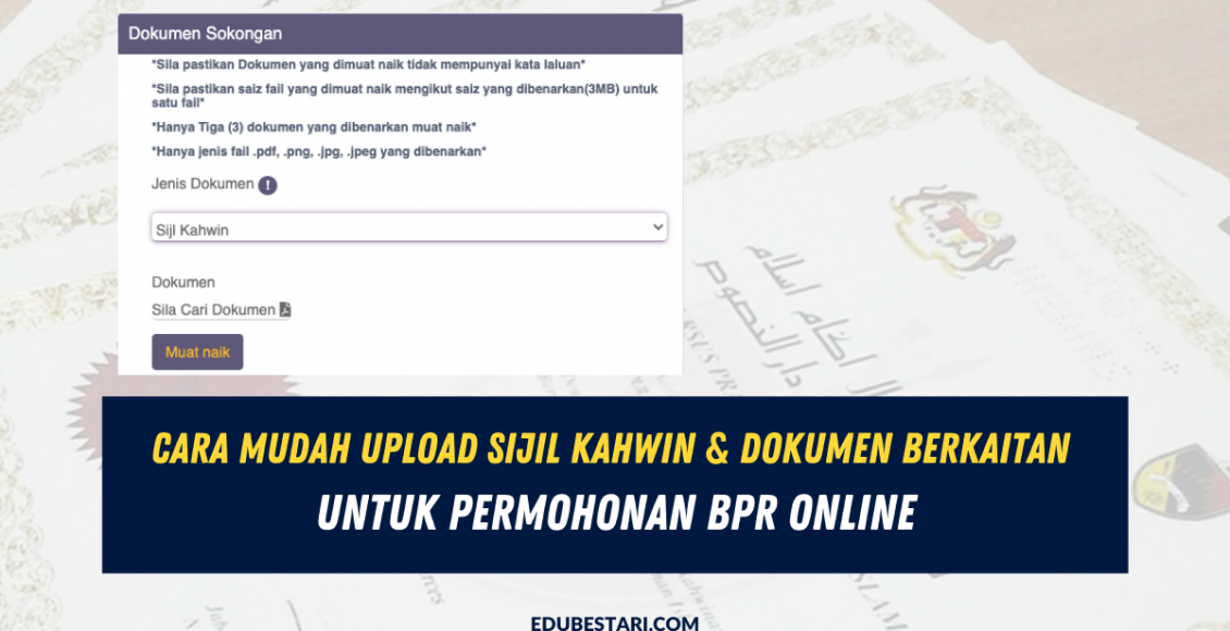 Cara Mudah Upload Sijil Kahwin & Dokumen Berkaitan Untuk Permohonan BPR Online Urusan permohonan Bantuan Prihatin Rakyat (BPR) 2021 masih belum selesai? Masih ramai rupanya pemohon yang keliru mengenai permohonan baru dan kemaskini permohonan BPR. Ada juga yang mengalami masalah muat naik dokumen ke laman BPR untuk permohonan. Tak perlu bersesak ramai-ramai ke kaunter Lembaga Hasil Dalam Negeri (LHDN), anda boleh selesaikan permohonan anda di rumah sahaja. Sama juga seperti borang permohonan, download sahaja BORANG PERMOHONAN BPR secara online tanpa pergi ambil di kaunter LHDN. Bagi yang masih tidak tahu cara upload sijil kahwin & dokumen berkaitan untuk permohonan BPR online, anda boleh ikuti perkongsian di bawah. SIAPA YANG PERLU UPLOAD DOKUMEN? Bagi yang masih belum jelas, individu yang perlu upload dokumen berkaitan adalah: SEMUA pemohon baharu Pemohon yang perlu kemaskini maklumat permohonan sedia ada (jika ada perubahan status dan sebagainya) Semak senarai pemohon yang perlu buat permohonan baru dan pemohon yang perlu kemaskini perlu kemaskini permohonan DI SINI. CARA UPLOAD DOKUMEN BERKAITAN Berikut adalah langkah-langkah untuk anda upload dokumen berkaitan bagi melengkapkan permohonan BPR secara online: Permohonan Baru BPR Pergi ke laman web bpr.hasil.gov.my Klik Permohonan Baru Lengkapkan maklumat seperti yang diminta Di bahagian Jenis Dokumen, pilih jenis dokumen yang berkaitan dengan status semasa anda Klik Muat naik untuk upload dokumen berkaitan Kemaskini Permohonan Bagi pemohon yang perlu kemaskini permohonan BPR iaitu penerima BSH dan BPN 2.0, anda perlu log masuk ke laman BPR menggunakan PANDUAN KEMASKINI BPR yang ditetapkan. Anda hanya perlu upload dokumen sokongan sekiranya: Ada tambahan anak Status bertukar (dari berkahwin ke bujang / dari bujang ke berkahwin) Sekiranya permohonan di portal BPR 2021 anda wujud dan tiada perubahan maklumat anak yang didaftarkan semasa BSH dan BPN 2.0, anda TIDAK PERLU kemaskini permohonan. Ini kerana pemprosesan bagi penentian kelayakan anak akan dibuat melalui sistem. Jadi, jika tiada sebarang perubahan, anda TIDAK PERLU kemukakan sebarang dokumen sokongan semasa kemaskini permohonan BPR 2021. Walau bagaimanapun, sekiranya anda mempunyai tambahan anak yang lain, kemaskini dan serahan dokumen sokongan anak yang baharu perlu dibuat. PEMBAYARAN BPR 2021 Permohonan dan pengemaskinian BPR adalah dibuka sehingga 15 Februari. Untuk makluman anda, pembayaran BPR 2021 fasa 1 bagi pemohon yang lulus diawalkan pada penghujung bulan Februari 2021. Semak: Jadual Pembayaran BPR 2021 Kadar Bayaran Fasa Pertama BPR 2021 Sekiranya anda mempunyai sebarang masalah dengan permohonan online, anda boleh DOWNLOAD BORANG PERMOHONAN dan kemukakan permohonan secara manual dengan panduan yang dinyatakan.