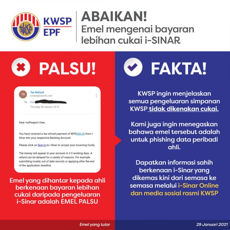 KWSP Beri Peringatan Waspada Emel Palsu Berkenaan Bayaran Lebihan Cukai i-Sinar