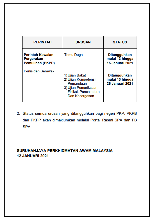 Status Urusan Terikini Temu Duga & Ujian SPA Mulai 13 Hingga 26 Januari 2021