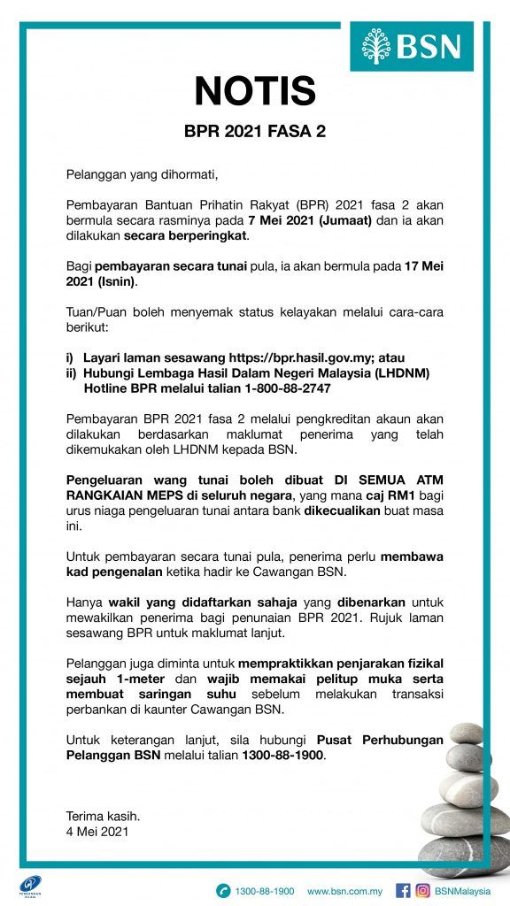 Tarikh & Kaedah Bayaran BPR Fasa Kedua Secara Tunai Bagi Penerima Tanpa Akaun Bank