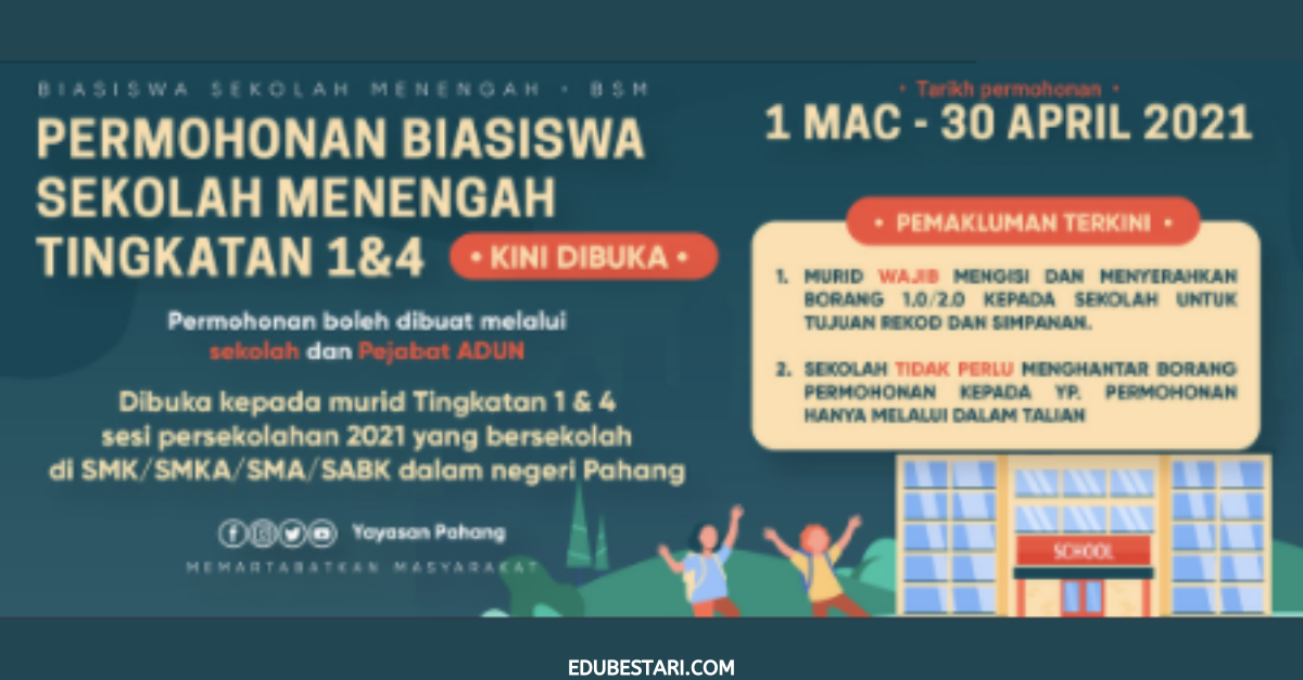 Permohonan Biasiswa Sekolah Menengah Bsm Rm600 Tingkatan 1 4 Tahun 2021 Kini Dibuka Edu Bestari