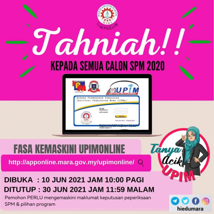 Fasa Kemaskini UPIMOnline Kemasukan Ke Institusi MARA Lepasan SPM Kini Dibuka