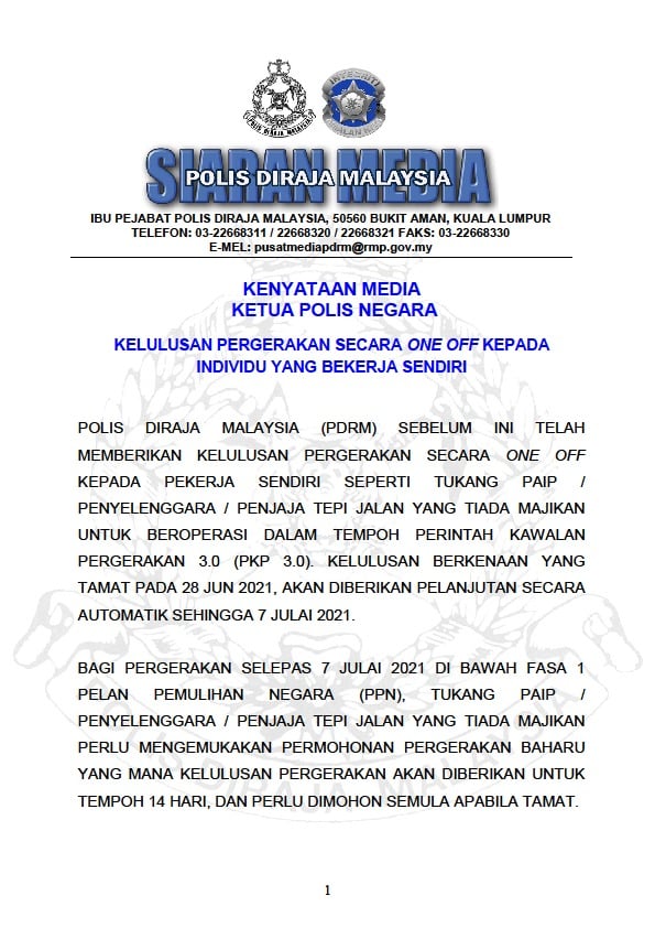 Individu Bekerja Sendiri Boleh Dapat Kelulusan Pergerakan Secara One-Off