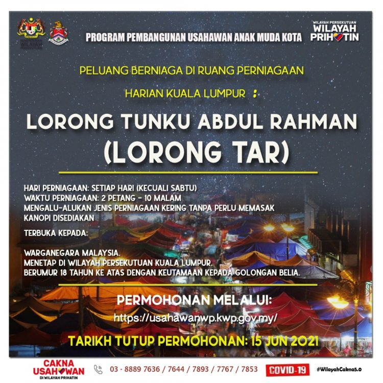 Permohonan Berniaga Di Lorong TAR Kuala Lumpur Terbuka Buat Belia. Kanopi Disediakan