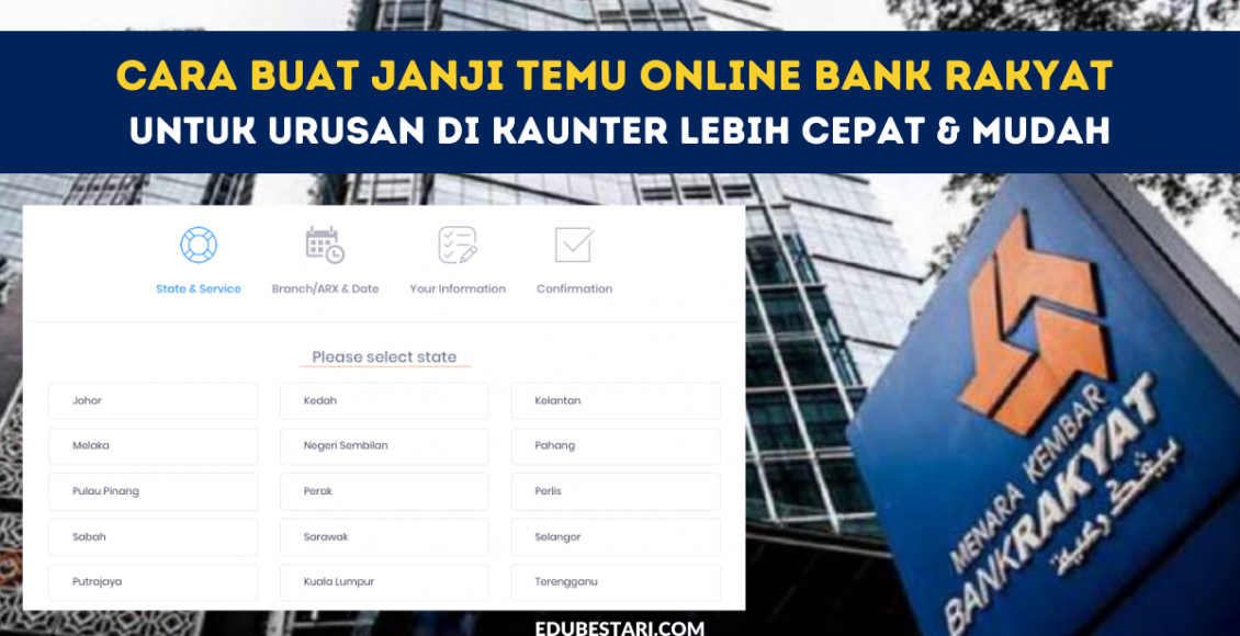 Anda perlu berurusan di kaunter Bank Rakyat? Bank Rakyat kini menyediakan kemudahan untuk pelanggan membuat janji temu secara online sebelum hadir ke kaunter Bank Rakyat secara fizikal. Lebih mudah dan cepat urusan anda selepas ini, pastikan anda buat janji temu dulu sebelum ke kaunter! Langkah ini juga adalah bagi mengurangkan kesesakan pelanggan di cawangan Bank Rakyat sekaligus mengekang penularan wabak Covid-19. Orang ramai dinasihatkan untuk tidak terus hadir ke kaunter Bank Rakyat tanpa temu janji. Ikuti perkongsian di bawah untuk panduan membuat janji temu Bank Rakyat secara online. JENIS PERKHIDMATAN BANK RAKYAT Pelanggan boleh buat e-Janji Temu Online Bank Rakyat untuk urusan perkhidmatan berikut: Pembukaan akaun baru Pengeluaran/ Simpanan Penghantaran wang (IBG/ Rentas/ Remittance) Perkhidmatan Tabung Haji Permohonan Pembiayaan-i Permohonan Penyata Akaun Penggantian Kad-Debit-i Susulan Kredit (Bayaran Ansuran/ Perundingan) Deposit Syiling (hanya terdapat di cawangan tertentu) CARA BUAT TEMUJANJI ONLINE BANK RAKYAT Berikut adalah panduan membuat janji temu secara online untuk berurusan di kaunter Bank Rakyat: Pergi ke laman web https://appointment.bankrakyat.com.my/new Pilih negeri anda dan klik Next Step Pilih Cawangan Bank Rakyat berdekatan anda Pilih tarikh dan masa temu janji, klik Next Step Isi maklumat diminta dan klik Next Step Buat pengesahan di bahagian Confirmation. Cetak atau simpan slip janji temu anda untuk rujukan pada hari temu janji nanti. Mudah kan? Urusan anda pasti lebih pantas apabila anda membuat janji temu. Semoga bermanfaat!