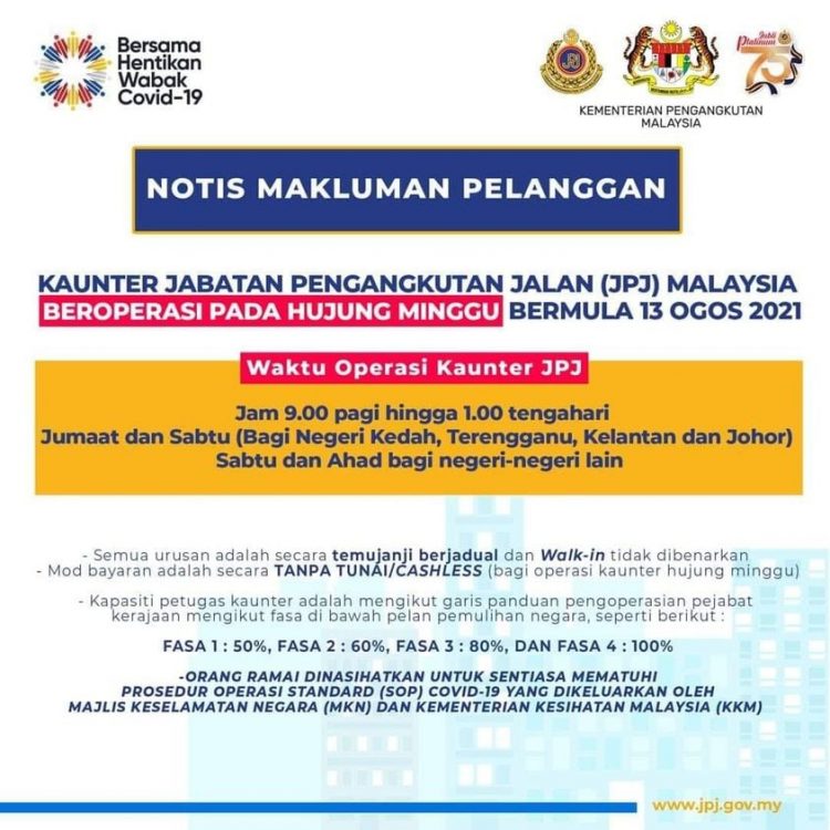 Kaunter JPJ Seluruh Malaysia Kini Beroperasi Pada Hujung Minggu