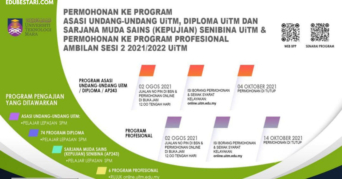 Permohonan Program Asasi Undang Undang Diploma Uitm Sesi 2 2021 2022 Kini Dibuka Edu Bestari