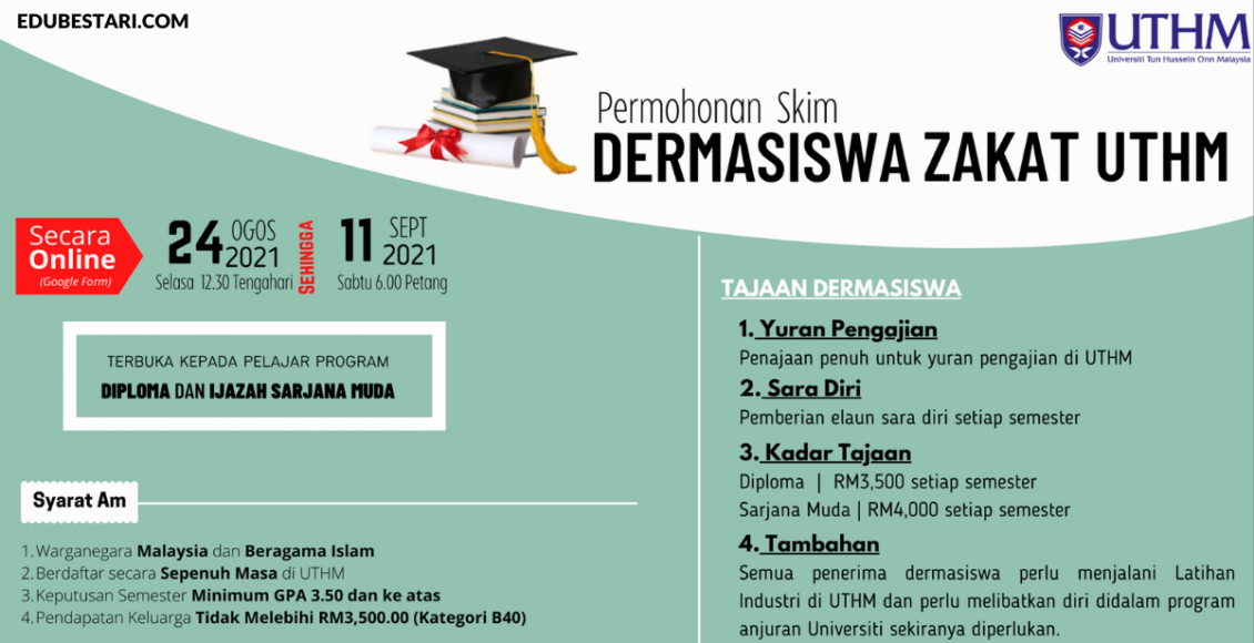 Permohonan Skim Dermasiswa Zakat UTHM Sehingga RM4,000 Setiap Sem Kini Dibuka