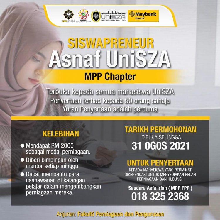 Tawaran Program Siswapreneur Asnaf UniSZA Untuk Mahasiswa. Modal Perniagaan RM2,000 Diberi