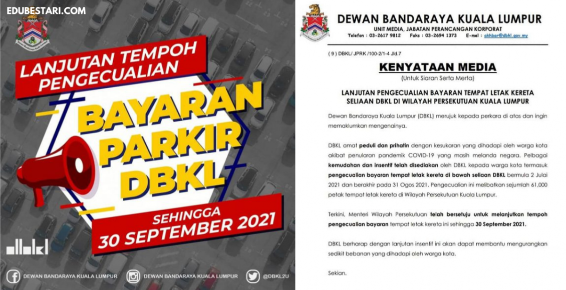 Pengecualian Bayaran Parking Kereta Kawasan DBKL Seluruh WPKL Sehingga 30 September 2021