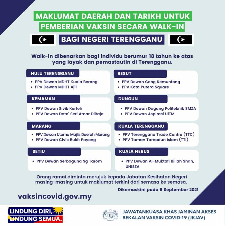 Senarai Pusat Pemberian Vaksin Secara Walk In Di Setiap Negeri. Dah Tak Perlu Tunggu Temu Janji