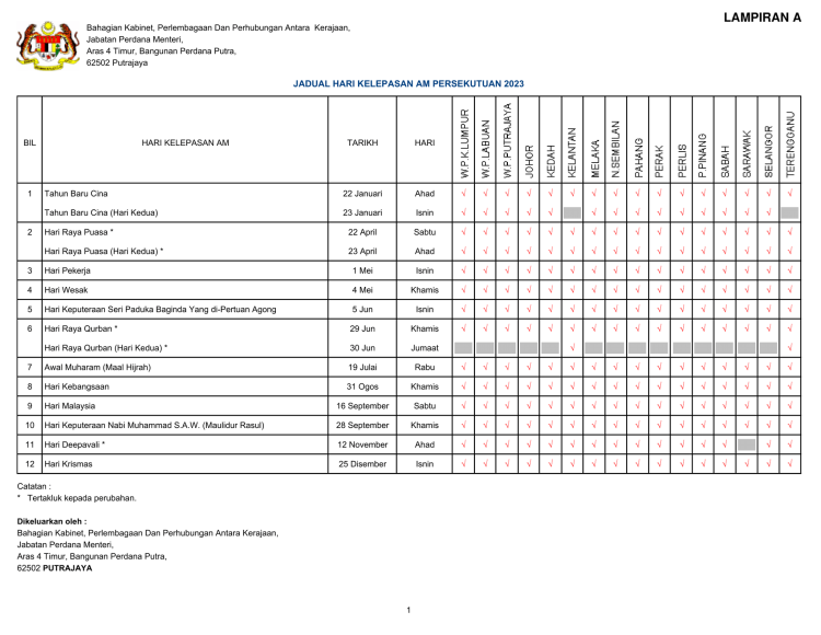 Kalendar 2023: Download Kalendar & Jadual Hari Kelepasan Am Persekutuan