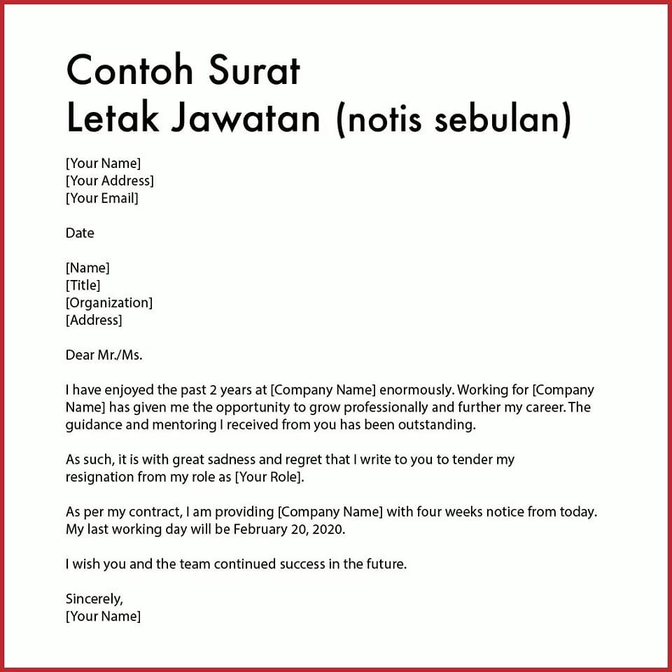 Contoh Surat Letak Jawatan Notis 24 Jam 2 Minggu 1 Bulan BM BI 