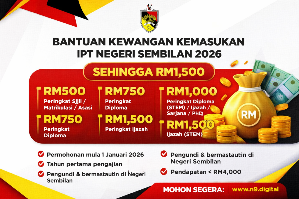 Bantuan Kewangan Kemasukan IPT Negeri Sembilan 2026: Cara Mohon & Syarat Lengkap (Sehingga RM1,500)