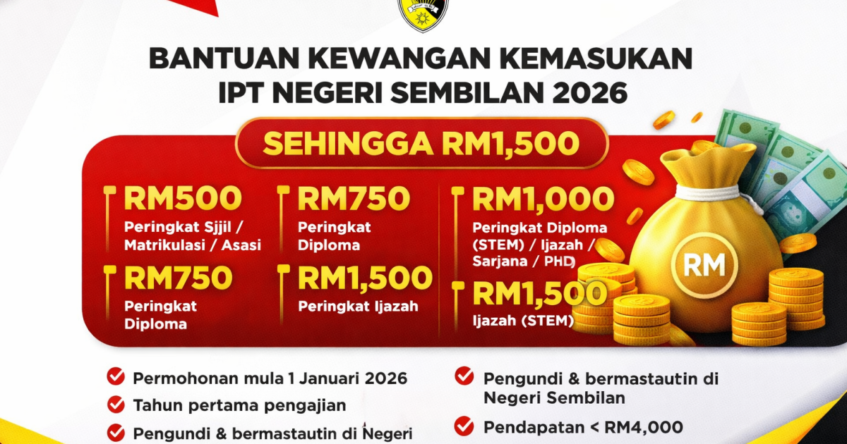 Bantuan Kewangan Kemasukan IPT Negeri Sembilan 2026: Cara Mohon & Syarat Lengkap (Sehingga RM1,500)